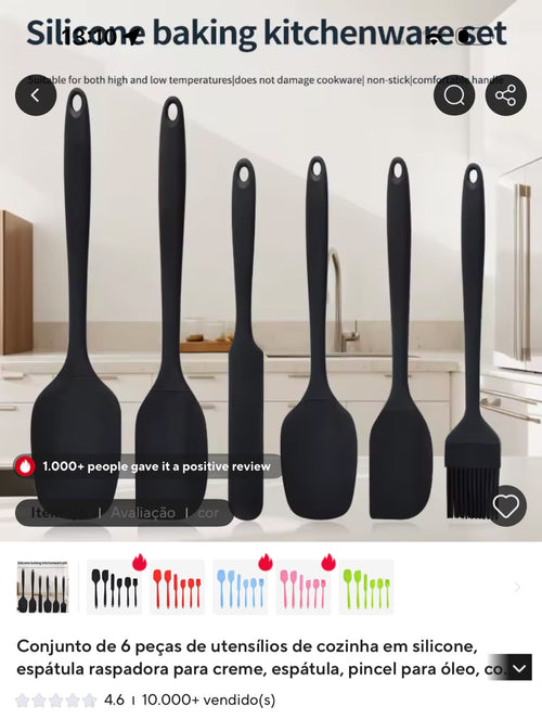 Kit com 6 utensílios de cozinha em silicone